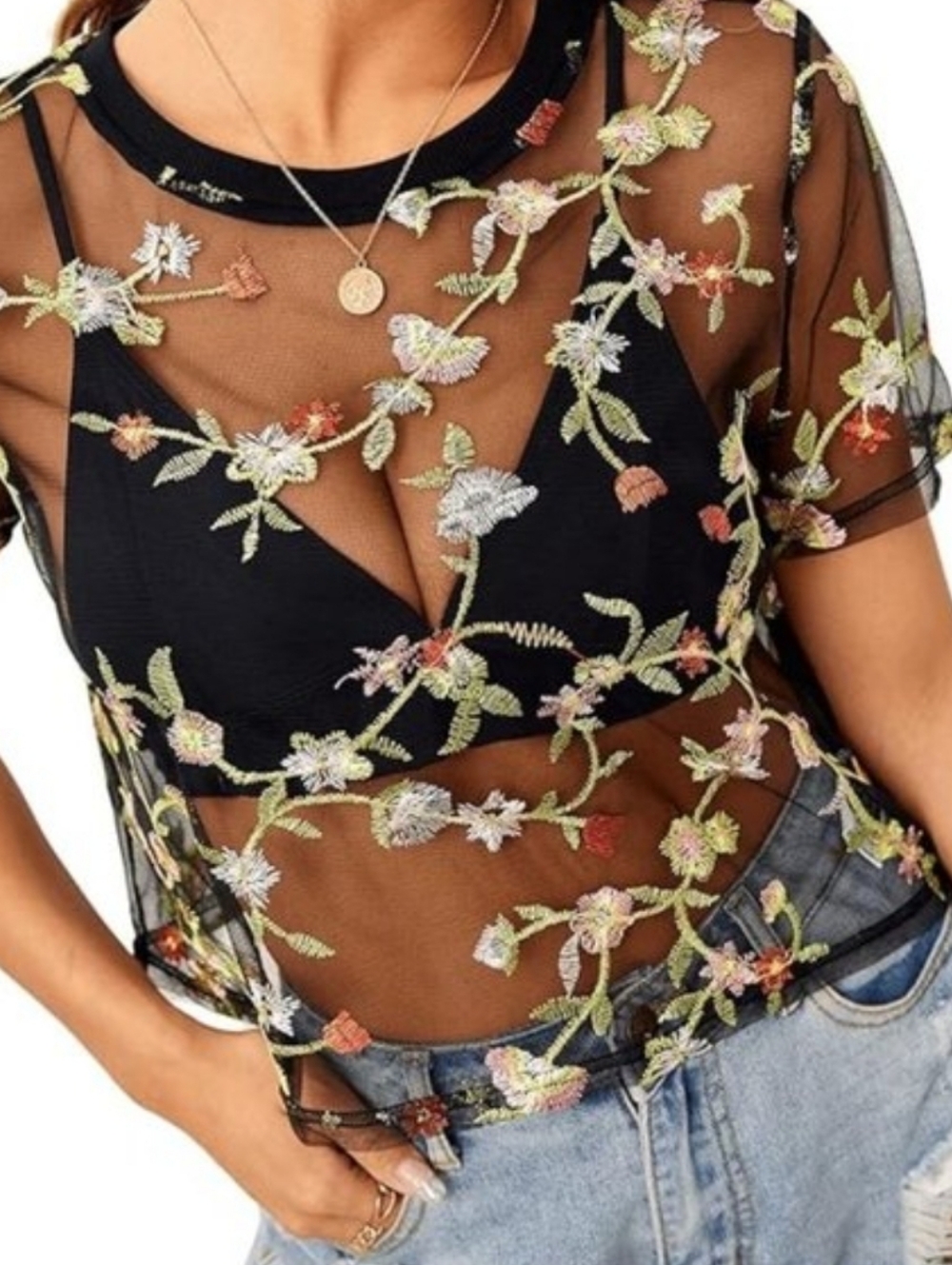 Sheer Embroidered Floral Mesh Top Size‎ M Black Short Sleeve Festival Dark Fairy